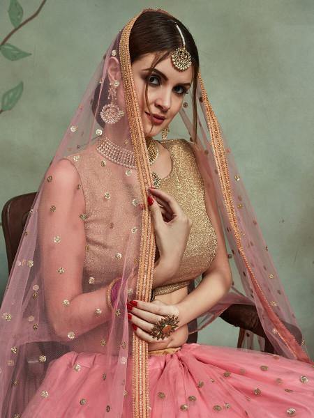 Myra Baby Pink Soft Net Heavy Embroidered Lehenga | Grocsy