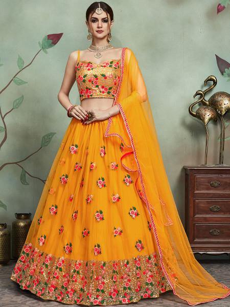 Myra Musturd Soft Net Heavy Embroidered Lehenga | Grocsy