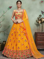 Myra Musturd Soft Net Heavy Embroidered Lehenga | Grocsy