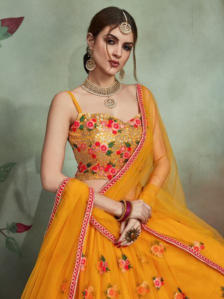 Myra Musturd Soft Net Heavy Embroidered Lehenga | Grocsy