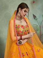 Myra Musturd Soft Net Heavy Embroidered Lehenga | Grocsy