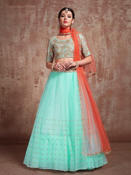 Myra Blue Soft Net Heavy Embroidered Lehenga | Grocsy