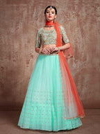 Myra Blue Soft Net Heavy Embroidered Lehenga | Grocsy