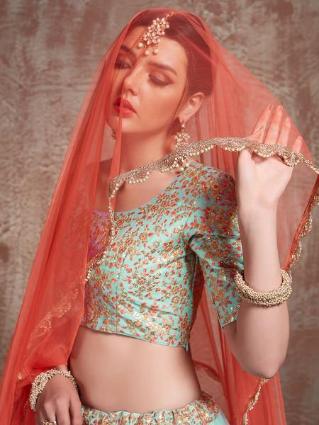Myra Blue Soft Net Heavy Embroidered Lehenga | Grocsy