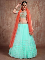 Myra Blue Soft Net Heavy Embroidered Lehenga | Grocsy