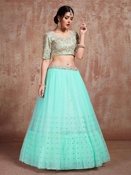 Myra Blue Soft Net Heavy Embroidered Lehenga | Grocsy