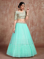 Myra Blue Soft Net Heavy Embroidered Lehenga | Grocsy