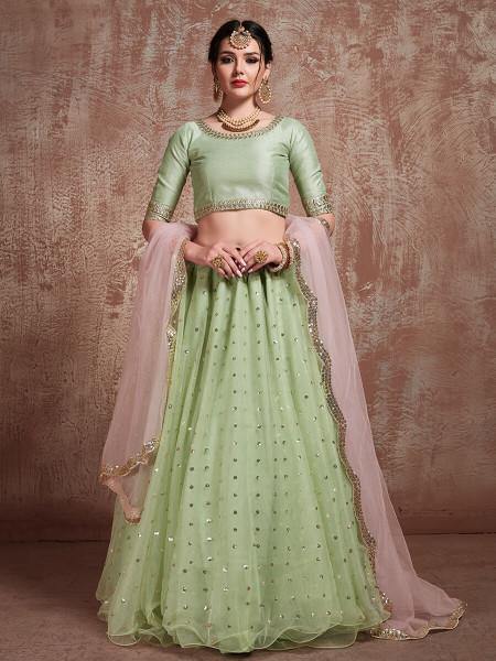 Myra Pista Green Soft Net Heavy Embroidered Lehenga | Grocsy