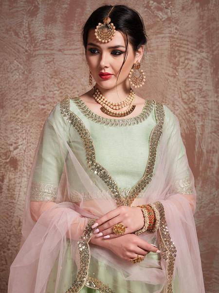 Myra Pista Green Soft Net Heavy Embroidered Lehenga | Grocsy