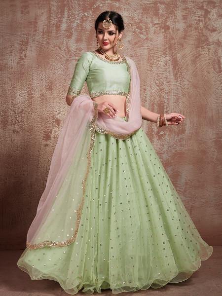 Myra Pista Green Soft Net Heavy Embroidered Lehenga | Grocsy