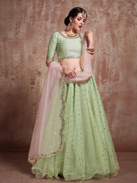 Myra Pista Green Soft Net Heavy Embroidered Lehenga | Grocsy
