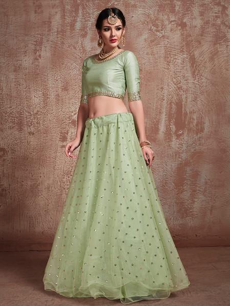 Myra Pista Green Soft Net Heavy Embroidered Lehenga | Grocsy