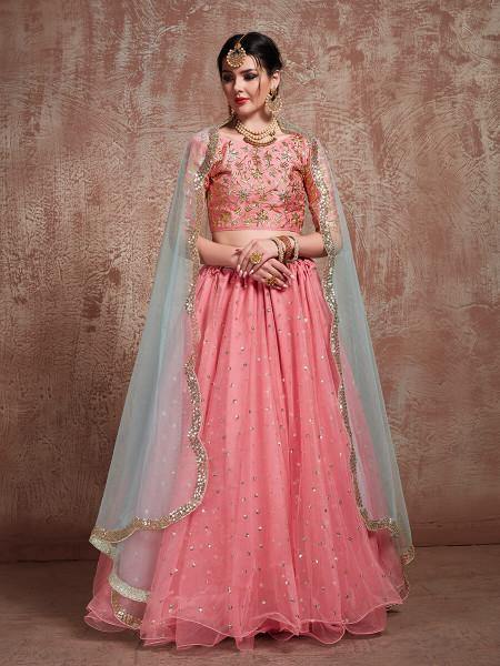 Myra Pink Soft Net Heavy Embroidered Lehenga | Grocsy