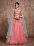 Myra Pink Soft Net Heavy Embroidered Lehenga | Grocsy