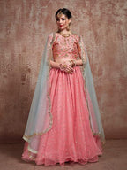 Myra Pink Soft Net Heavy Embroidered Lehenga | Grocsy
