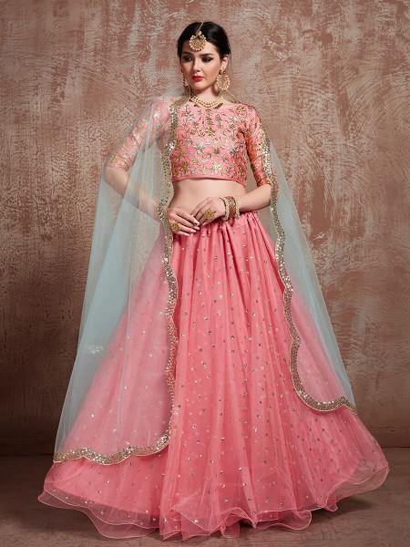 Myra Pink Soft Net Heavy Embroidered Lehenga | Grocsy
