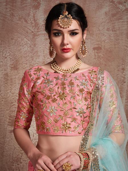 Myra Pink Soft Net Heavy Embroidered Lehenga | Grocsy