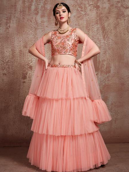 Myra Peach Soft Net Heavy Embroidered Lehenga | Grocsy