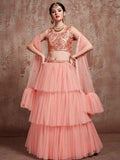 Myra Peach Soft Net Heavy Embroidered Lehenga | Grocsy