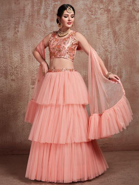 Myra Peach Soft Net Heavy Embroidered Lehenga | Grocsy