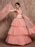 Myra Peach Soft Net Heavy Embroidered Lehenga | Grocsy