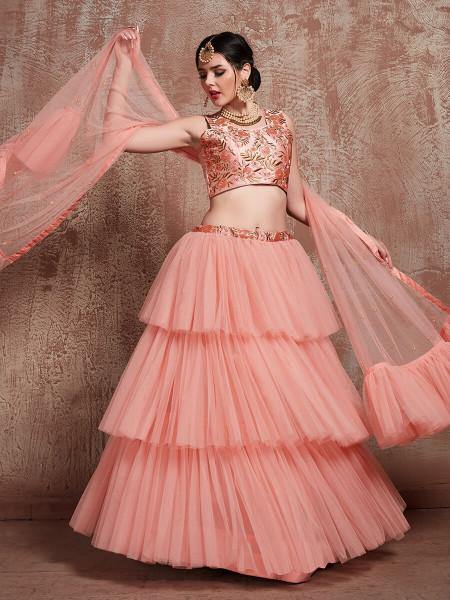 Myra Peach Soft Net Heavy Embroidered Lehenga | Grocsy