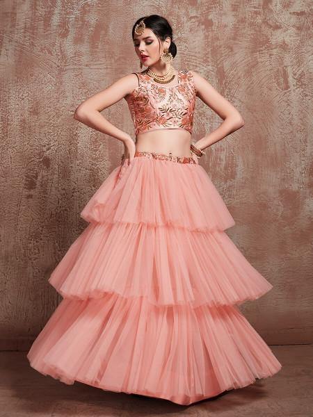 Myra Peach Soft Net Heavy Embroidered Lehenga | Grocsy