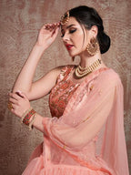 Myra Peach Soft Net Heavy Embroidered Lehenga | Grocsy