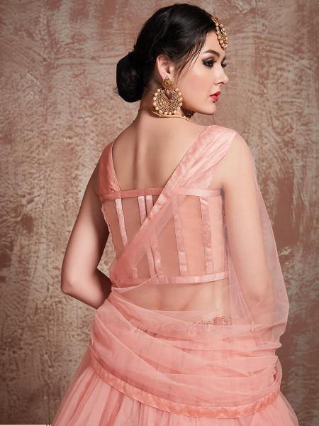 Myra Peach Soft Net Heavy Embroidered Lehenga | Grocsy
