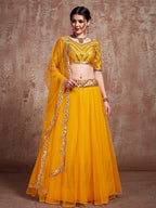 Myra Musturd Soft Net Heavy Embroidered Lehenga | Grocsy
