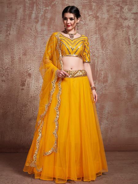 Myra Musturd Soft Net Heavy Embroidered Lehenga | Grocsy