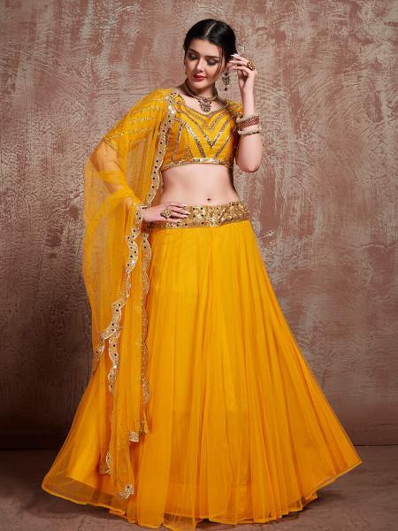 Myra Musturd Soft Net Heavy Embroidered Lehenga | Grocsy