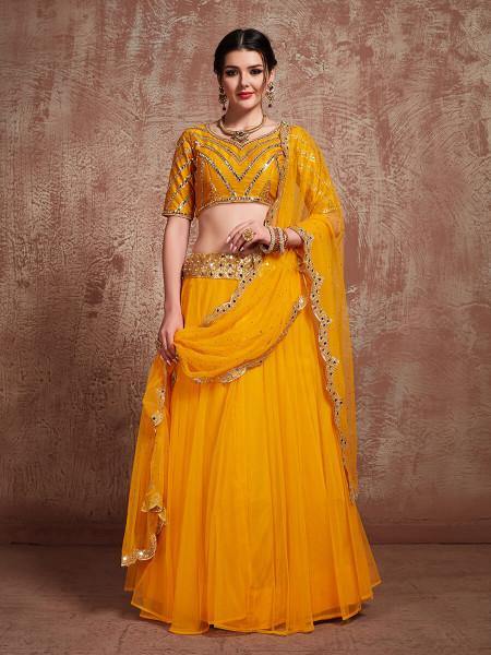 Myra Musturd Soft Net Heavy Embroidered Lehenga | Grocsy