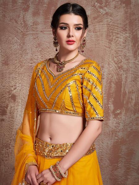 Myra Musturd Soft Net Heavy Embroidered Lehenga | Grocsy