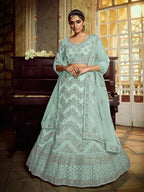 Myra Sky Blue Soft Net Heavy Embroidered Lehenga | Grocsy
