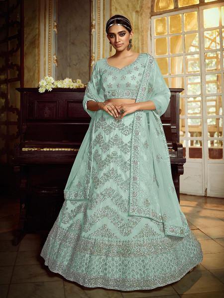 Myra Sky Blue Soft Net Heavy Embroidered Lehenga | Grocsy