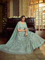 Myra Sky Blue Soft Net Heavy Embroidered Lehenga | Grocsy