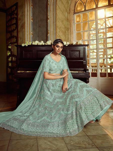 Myra Sky Blue Soft Net Heavy Embroidered Lehenga | Grocsy