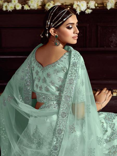 Myra Sky Blue Soft Net Heavy Embroidered Lehenga | Grocsy