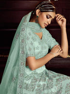 Myra Sky Blue Soft Net Heavy Embroidered Lehenga | Grocsy