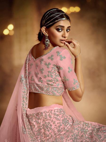 Myra Pink Soft Net Heavy Embroidered Lehenga | Grocsy