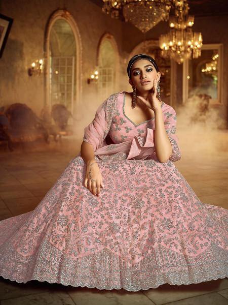 Myra Pink Soft Net Heavy Embroidered Lehenga | Grocsy