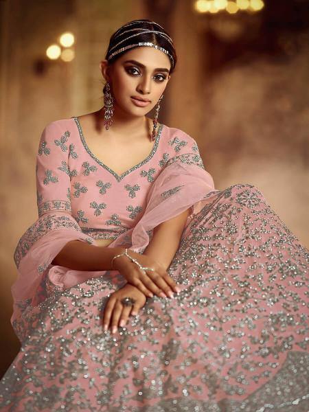 Myra Pink Soft Net Heavy Embroidered Lehenga | Grocsy