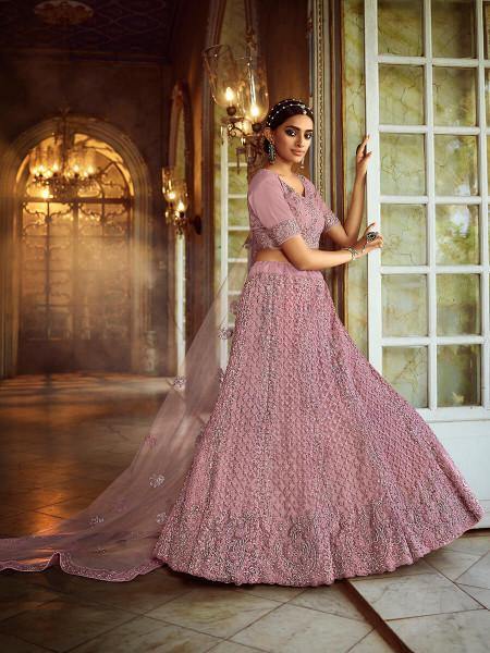 Myra Pink Soft Net Heavy Embroidered Lehenga | Grocsy