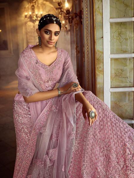 Myra Pink Soft Net Heavy Embroidered Lehenga | Grocsy