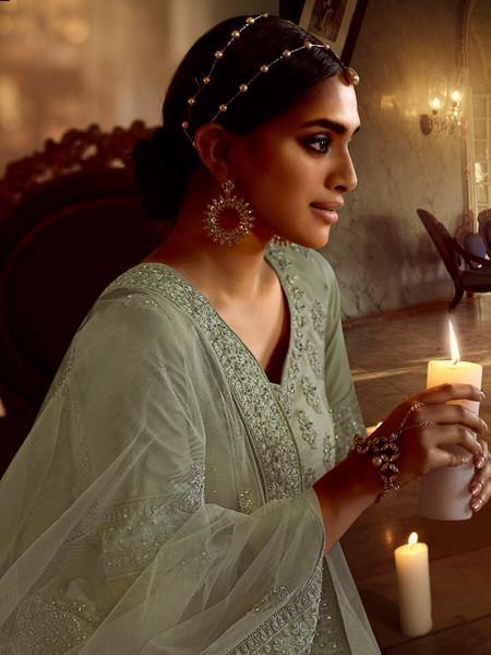 Myra Green Soft Net Heavy Embroidered Lehenga | Grocsy