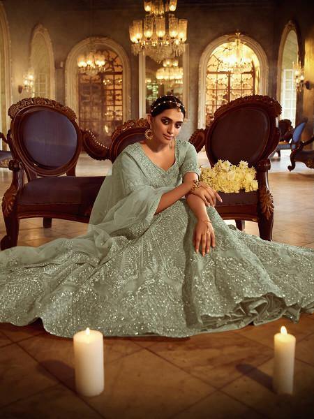 Myra Green Soft Net Heavy Embroidered Lehenga | Grocsy