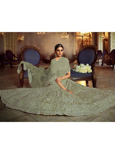 Myra Green Soft Net Heavy Embroidered Lehenga | Grocsy