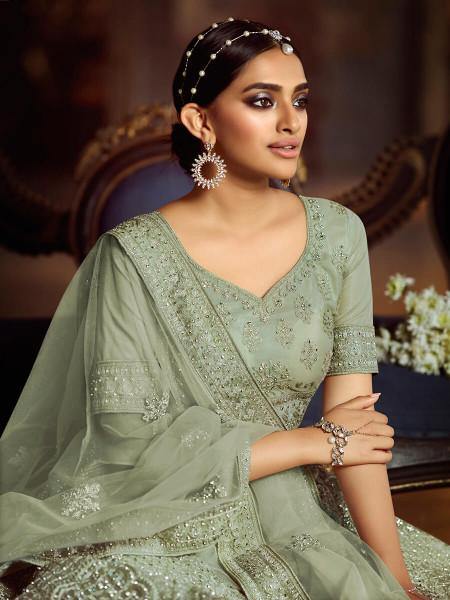 Myra Green Soft Net Heavy Embroidered Lehenga | Grocsy