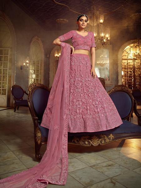 Myra Pink Soft Net Heavy Embroidered Lehenga | Grocsy